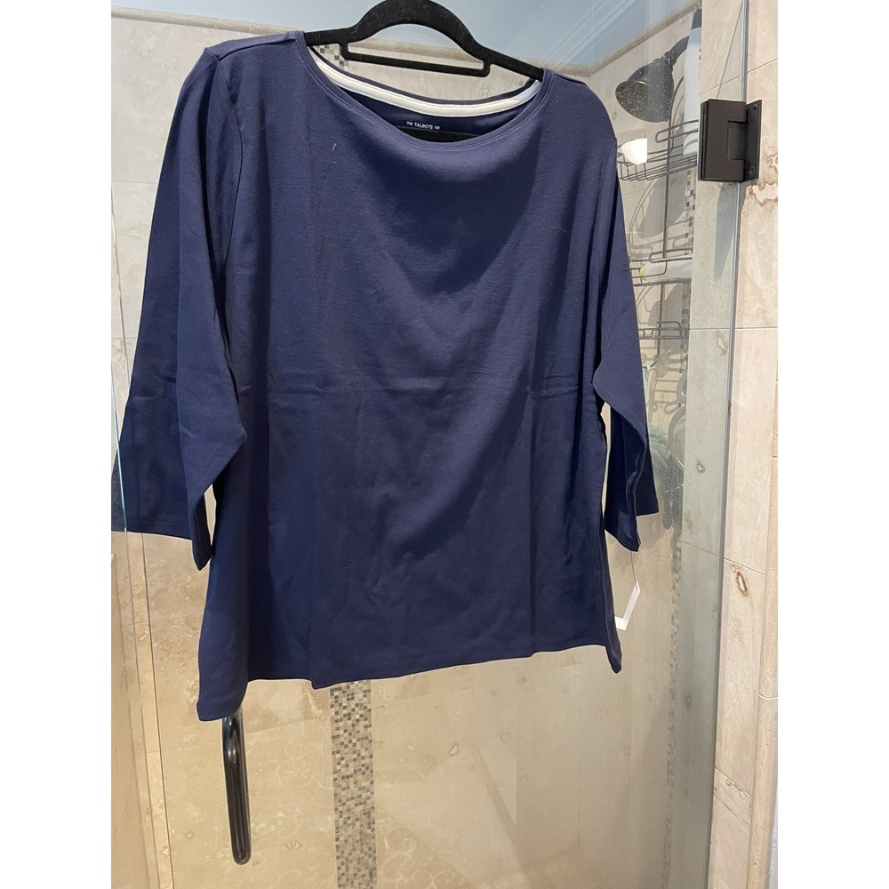NWT Talbots -Sz 3XP 3X Petite Nautical Blue Stretch Pima Cotton Tee T-Shirt Top